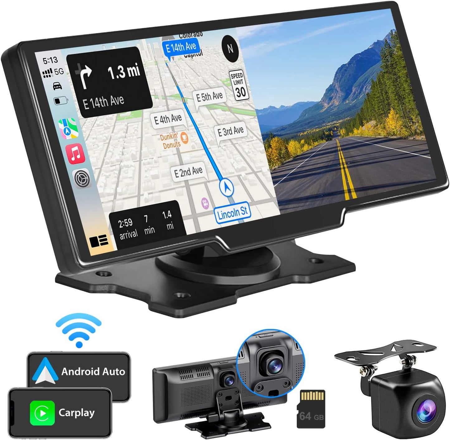 Westods Portable Wireless Carplay Car Stereo with 2.5K Dash Cam - 9.3" HD IPS Screen, Android Auto, 1080p Backup Camera, Loop Recording, Bluetooth, GPS Navigation Head Unit, Car Radio Receiver