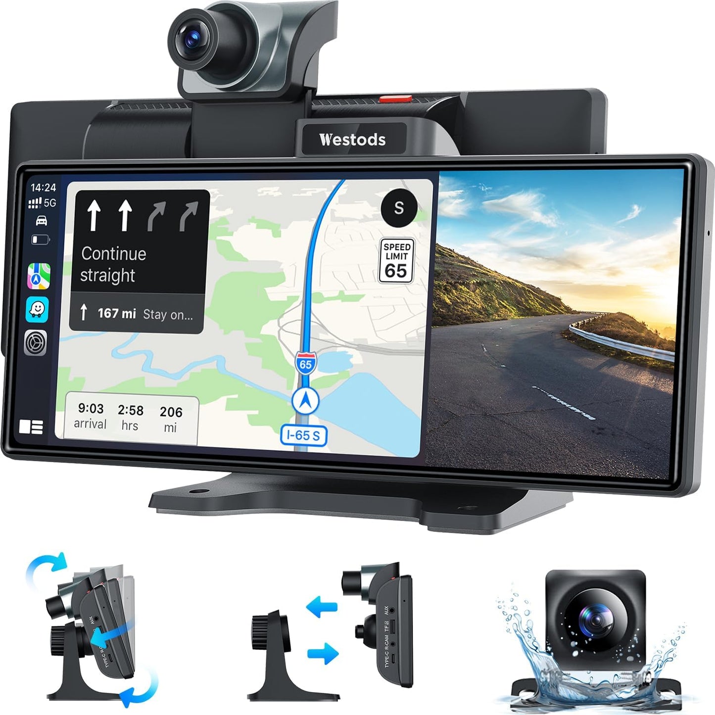 Westods Portable 10.26" Wireless Carplay Screen & Android Auto with Adjustable & Detachable Mount, 2.5K Dash Cam & 1080P Backup Camera, HD IPS Touchscreen, GPS Navigation, Bluetooth, Car Stereo, Radio