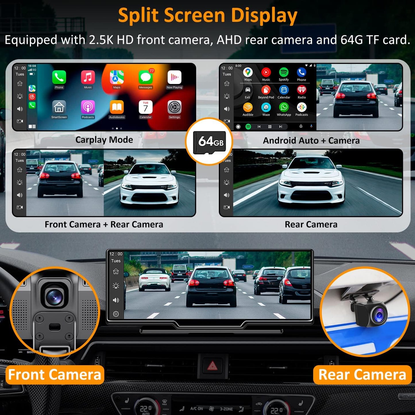 Westods Portable Wireless Carplay Car Stereo with 2.5K Dash Cam - 9.3" HD IPS Screen, Android Auto, 1080p Backup Camera, Loop Recording, Bluetooth, GPS Navigation Head Unit, Car Radio Receiver