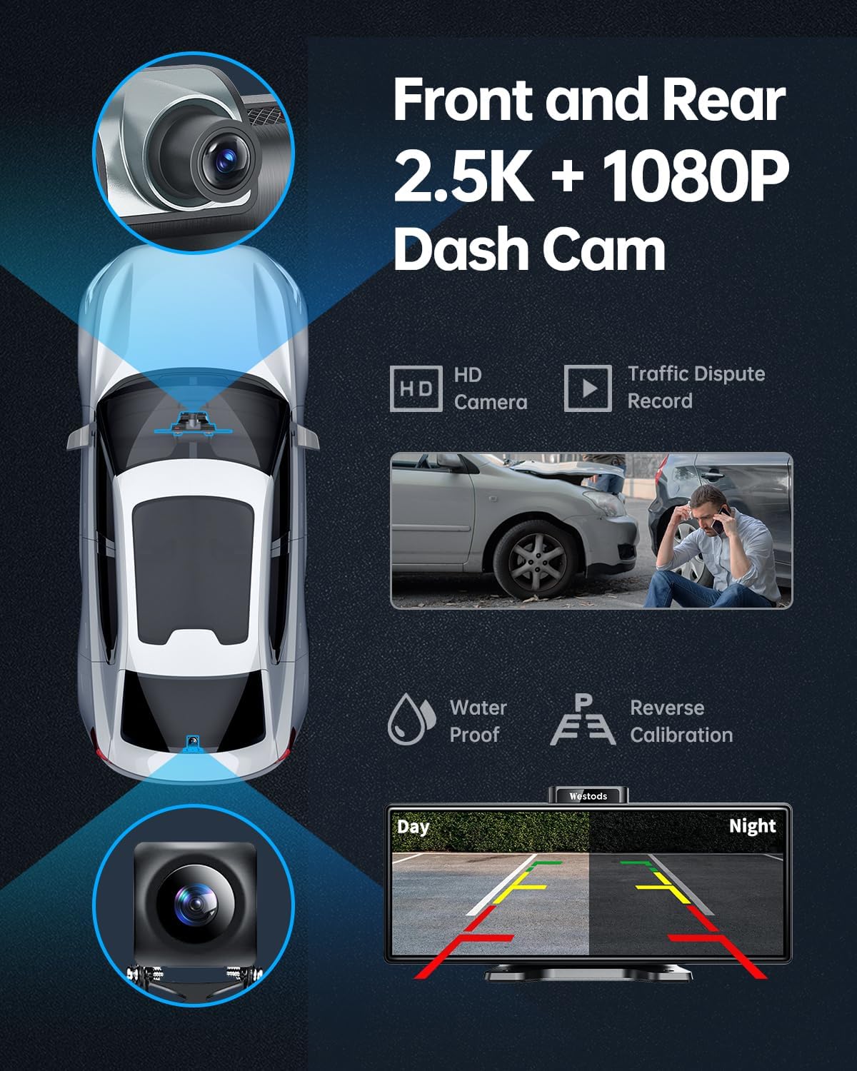 Westods Portable 10.26" Wireless Carplay Screen & Android Auto with Adjustable & Detachable Mount, 2.5K Dash Cam & 1080P Backup Camera, HD IPS Touchscreen, GPS Navigation, Bluetooth, Car Stereo, Radio