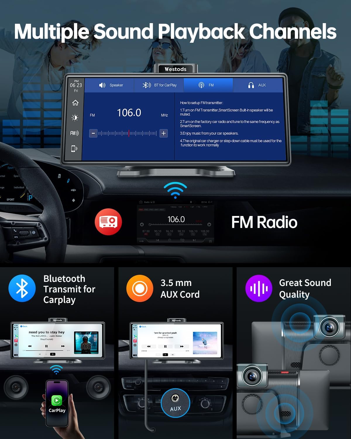 Westods Portable 10.26" Wireless Carplay Screen & Android Auto with Adjustable & Detachable Mount, 2.5K Dash Cam & 1080P Backup Camera, HD IPS Touchscreen, GPS Navigation, Bluetooth, Car Stereo, Radio