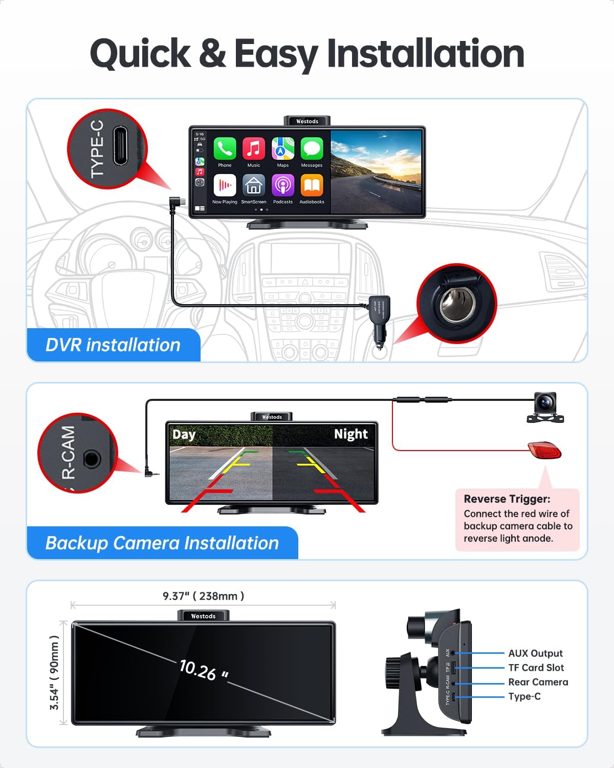 Westods Portable 10.26" Wireless Carplay Screen & Android Auto with Adjustable & Detachable Mount, 2.5K Dash Cam & 1080P Backup Camera, HD IPS Touchscreen, GPS Navigation, Bluetooth, Car Stereo, Radio