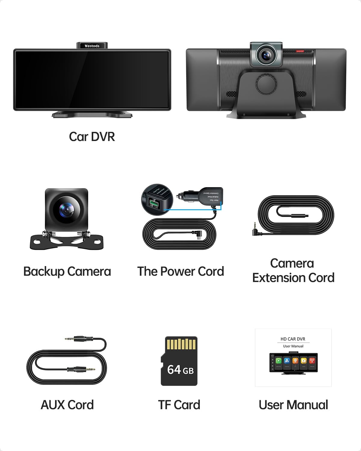 Westods Portable 10.26" Wireless Carplay Screen & Android Auto with Adjustable & Detachable Mount, 2.5K Dash Cam & 1080P Backup Camera, HD IPS Touchscreen, GPS Navigation, Bluetooth, Car Stereo, Radio