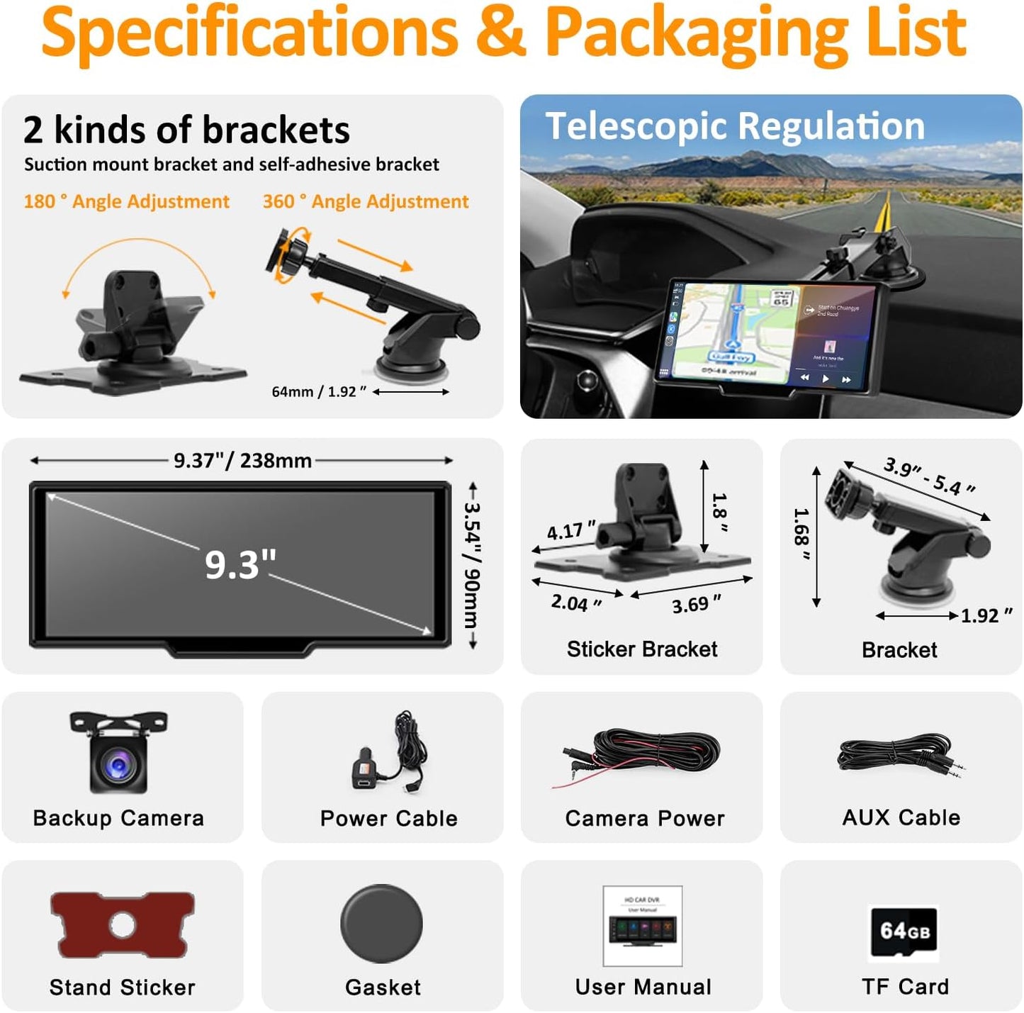 Westods Portable Wireless Carplay Car Stereo with 2.5K Dash Cam - 9.3" HD IPS Screen, Android Auto, 1080p Backup Camera, Loop Recording, Bluetooth, GPS Navigation Head Unit, Car Radio Receiver
