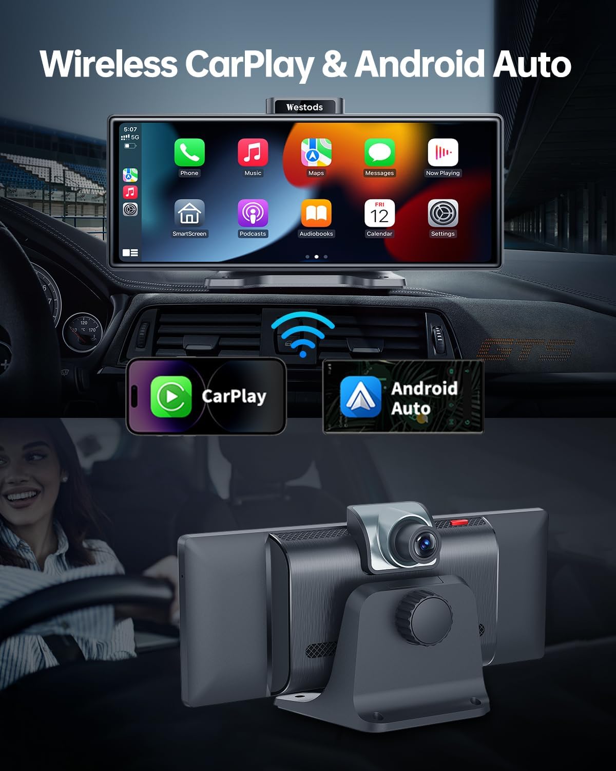 Westods Portable 10.26" Wireless Carplay Screen & Android Auto with Adjustable & Detachable Mount, 2.5K Dash Cam & 1080P Backup Camera, HD IPS Touchscreen, GPS Navigation, Bluetooth, Car Stereo, Radio
