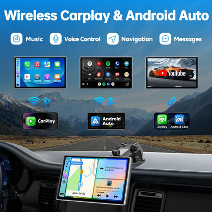 [Upgrade] Westods Wireless Apple Carplay & Android Auto, 7" Portable HD IPS Screen, GPS Navigation, Bluetooth Audio, AirPlay, MirrorCast, AUX/FM Transmitter for Most Car Dash or Windshield Mounted